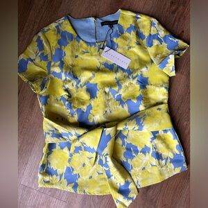 Abbey Glass ‘Cardin Top’ Yellow and blue floral print blouse, size medium